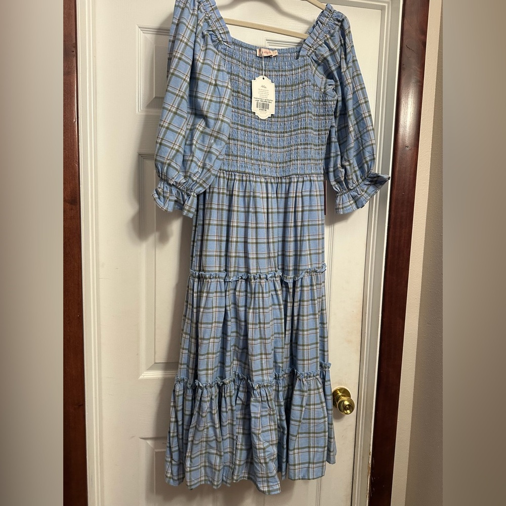 Ivy City Co Madeline Light Blue Plaid Smocked Maxi Dress